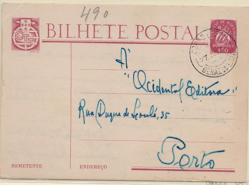 3334.jpg -     Lote:    3334      Lotes pelo Correio              Descrição:         Carimbos circulares datados, tipo 1880. 1949 &mdash; Caravela. OM116, $30. Circulado de Geraz do Lima (27.06.56) para o Porto. Carimbo a preto "GERAZ DO LIMA". R.        IC       Valor Base:     &euro; 18,00     Valor Venda:     &euro;      