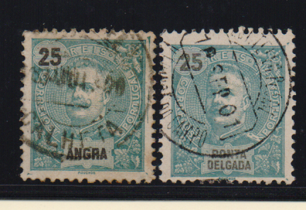 3335.jpg -     Lote:    3335      Lotes pelo Correio              Descrição:         Carimbos circulares datados. Lote de dois selos de 25 reis tipo D. Carlos Mouchon. Um de Angra CE18 com carimbo a preto da "CALHETA" e outro de Ponta Delgada, com carimbo a preto de "V. FRANCA DO CAMPO".        O       Valor Base:     &euro; 4,00     Valor Venda:     &euro;      