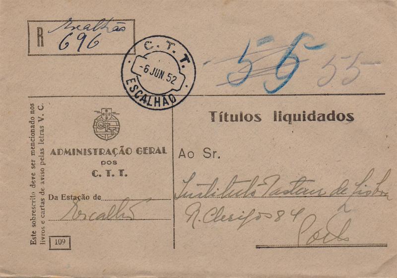 3343.jpg -     Lote:    3343      Lotes pelo Correio              Descrição:         Carimbos circulares datados. Sobrescrito circulado isento de franquia (Títulos Liquidados) de Escalhão (06.06.52) para o Porto. Carimbo a preto de ESCALHÃO".        Carta       Valor Base:     &euro; 10,00     Valor Venda:     &euro;      