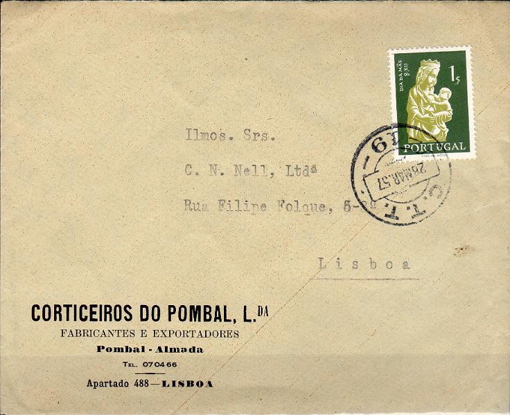 3350.jpg -     Lote:    3350      Lotes pelo Correio              Descrição:         Carimbos numéricos volantes. 1956 &mdash; Dia da Mãe, 1$00 em sobrescrito circulado de Almada (26.03.57) para Lisboa, obliterados com carimbo batido a preto n.º 19.        Carta       Valor Base:     &euro; 5,00     Valor Venda:     &euro;      