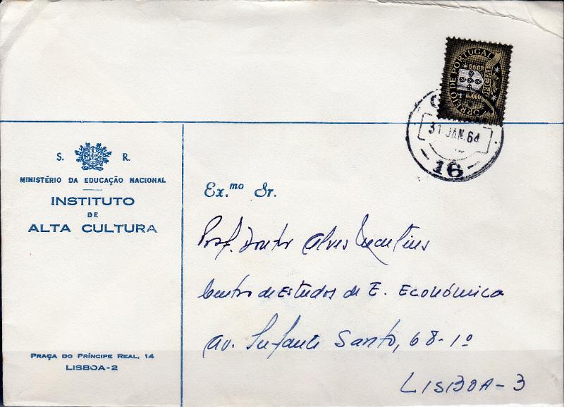 3351.jpg -     Lote:    3351      Lotes pelo Correio              Descrição:         Carimbos numéricos volantes. 1952 &mdash; Serviço Oficial * Escudete Afonsino CE SO2 em sobrescrito circulado em Lisboa (31.01.64), obliterados com carimbo batido a preto n.º 16.        Carta       Valor Base:     &euro; 5,00     Valor Venda:     &euro;      