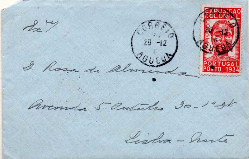 3355.jpg -     Lote:    3355      Lotes pelo Correio              Descrição:         Carimbos tipo francês. 1934 &mdash; 1.ª Exposição Colonial Portuguesa. CE562, 40c em sobrescrito circulado de Águeda (20.12.37) para Lisboa. Carimbo a preto de "AGUEDA".        Carta       Valor Base:     &euro; 6,00     Valor Venda:     &euro;      