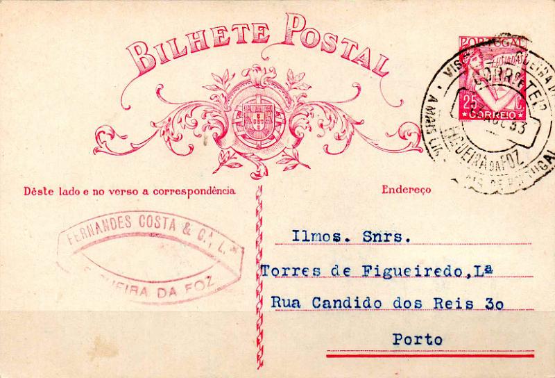 3356.jpg -     Lote:    3356      Lotes pelo Correio              Descrição:         Carimbos publicitários. Inteiro postal de $25 "Lusíadas" CE80, circulado da Figueira da Foz (17.08.33) para o Porto. Carimbo de triplo círculo batido a preto "VISITAI A FIGUEIRA DA FOZ / A MAIS LINDA PRAIA DE PORTUGAL". Inteiro com amostra colada no verso. B.        IC       Valor Base:     &euro; 10,00     Valor Venda:     &euro;      