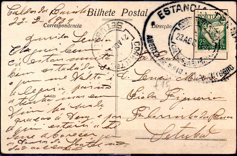 3357.jpg -     Lote:    3357      Lotes pelo Correio              Descrição:         Carimbos datados publicitários. Bilhete postal remetido de Caldas da rainha (23.08.31) para Setúbal, com selo de 25c tipo Lusíadas, obliterado com carimbo batido a preto "ESTÂNCIA TERMAL / ABERTA DE MAIO A 31 DE OUTUBRO".        PI       Valor Base:     &euro; 10,00     Valor Venda:     &euro;      