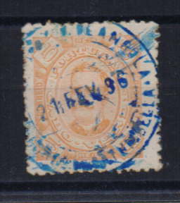3365.jpg -     Lote:    3365      Lotes pelo Correio              Descrição:         1893/05 &mdash; D. Carlos I Diogo Neto. CE25, 5 reis amarelo, obliterado com carimbo de Angola batido a azul "CORR.º DA CATUMBELLA". B e R.        O       Valor Base:     &euro; 12,00     Valor Venda:     &euro;      