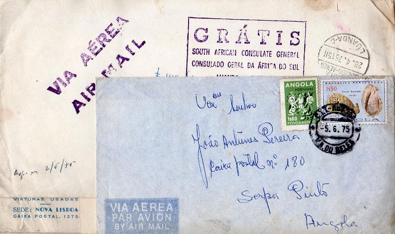 3372.jpg -     Lote:    3372      Lotes pelo Correio              Descrição:         Angola &mdash; Marcofilia diversa. Lote composto por 6 sobrescritos e um aerograma circulados internamente com marcofilia diversa: Vila Nova de Seles, Moçamedes, Luanda, Nova Lisboa-Avião, Serpa Pinto, etc. Lote a ver.        Lote       Valor Base:     &euro; 5,00     Valor Venda:     &euro;      