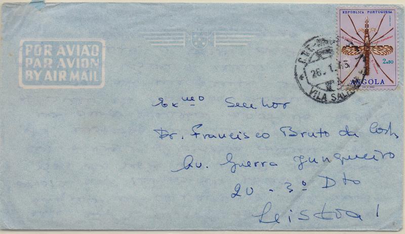 3376.jpg -     Lote:    3376      Lotes pelo Correio              Descrição:         Carimbos circulares datados. Sobrescrito circulado de Vila Salazar (26.01.63) para Lisboa com selo de 2$50 CE434. Carimbo a preto de "VILA SALAZAT / R".        Carta       Valor Base:     &euro; 8,00     Valor Venda:     &euro;      