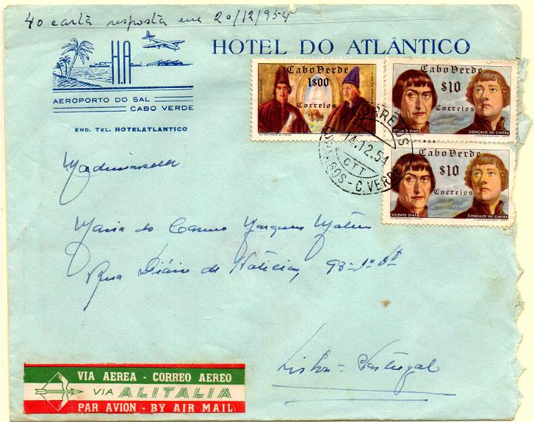 3385.jpg -     Lote:    3385      Lotes pelo Correio              Descrição:         Carimbos circulares datados. 1952 &mdash; Descobrimentos. Sobrescrito circulado de Espargos (14.12.51) para Lisboa, com selos de $10 (par) e 1$00. Carimbo batido a preto "CORREIOS / ESPARGOS &mdash; C.VERDE". B.        Carta       Valor Base:     &euro; 12,00     Valor Venda:     &euro;      