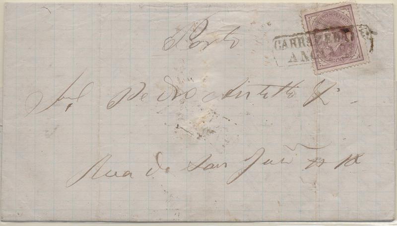 3386.jpg -     Lote:    3386      Lotes pelo Correio              Descrição:         Carimbos nominativos. 1880/81 &mdash; D. Luís I. De perfil. CE54, 25 reis  em carta circulada de Carrazeda de Ansiães para o Porto (06.12.81). Obliterado com carimbo batido a sépia "CARRAZEDA DE ANCIÃES".        Carta       Valor Base:     &euro; 40,00     Valor Venda:     &euro;      