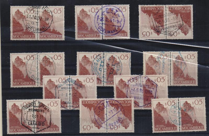 3392.jpg -     Lote:    3392      Lotes pelo Correio              Descrição:         Marcofilia diversa. Lote com 11 pares de selos de $05 CE324 &mdash; Vistas de Moçambique, obliterados com carimbos de diversa tipologia de "QUELIMANE (violeta e preto), INHARRIME, GURUÉ, CHINDE, LUABO (azul e preto), MACIA, MULEVALA, PEBANE (preto) e ILE / V a azul.        Lote       Valor Base:     &euro; 15,00     Valor Venda:     &euro;      