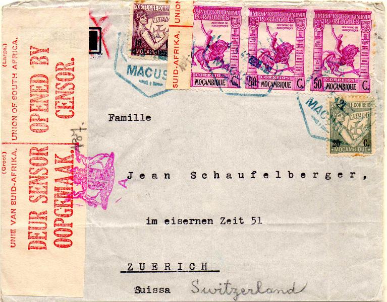 3394.jpg -     Lote:    3394      Lotes pelo Correio              Descrição:         Carimbos hexagonais. 1933/38 &mdash; Lusíadas + Império Colonial Português. Sobrescrito circulado de Macuse (04.05.42) para a Suíça, com selos de 10C e 20C CE272 e 274 + 3x50C CE297, censurado na África do Sul. Carimbo batido a azul de "MACUSE".        Carta       Valor Base:     &euro; 12,00     Valor Venda:     &euro;      