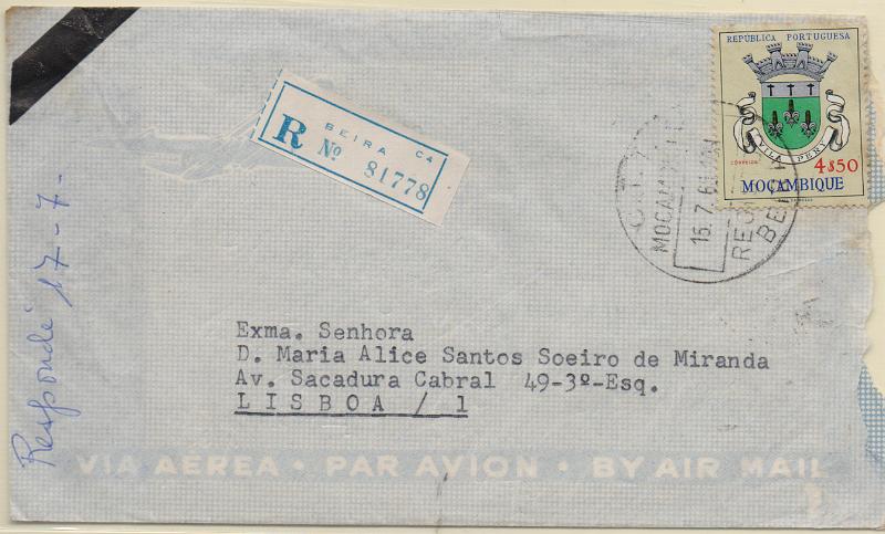 3400.jpg -     Lote:    3400      Lotes pelo Correio              Descrição:         Carimbos circulres de registo. Sobrescrito circulado registado da Beira (15.07.65) para Lisboa com selo de 4$50 CE442. Carimbo batido a preto "C.T.T. / MOÇAMBIQUE / REGISTOS / BEIRA".        Carta       Valor Base:     &euro; 12,00     Valor Venda:     &euro;      
