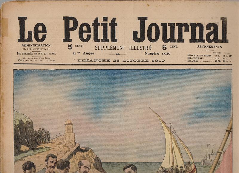 3465.jpg -     Lote:    3465      Lotes pelo Correio              Descrição:         Le Petit Journal. N.º 1040 de 23 de Outubro de 1910 com artigo "L'Adieu du Roi de Portugal à sont Pays".        Livro       Valor Base:     &euro; 10,00     Valor Venda:     &euro;      