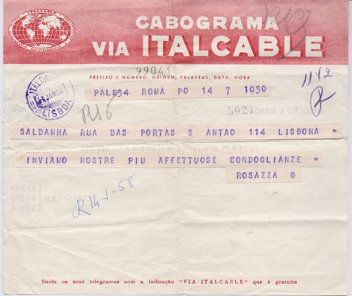 3639.jpg -     Lote:    3639      Lotes pelo Correio              Descrição:         Portugal &mdash; Lote com 7 telegramas, 3 cartas e 4 inteiros postais com alguma marcofilia("Italcable / Lisboa", "Villar", "Telegrafia. Eléctrica / Belém", etc.        Lote       Valor Base:     &euro; 5,00     Valor Venda:     &euro;      