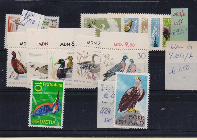 3703.jpg -     Lote:    3703      Lotes pelo Correio              Descrição:         Temática Aves. Lote com 13 selos da Alemanha Democrática, Islândia (Yv 353), Roménia, etc.        ***       Valor Base:     &euro; 6,00     Valor Venda:     &euro;      