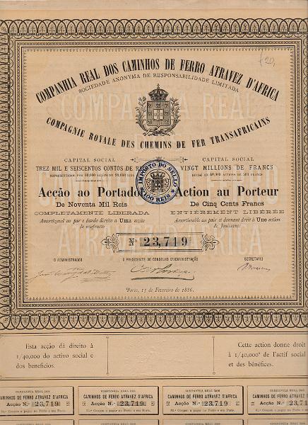 3713.jpg -     Lote:    3713      Lotes pelo Correio              Descrição:         Companhia Real dos Caminhos de Ferro Atravez d'Africa, SARL. Título de uma acção ao portador. Porto, 15.02.1886.        DOC       Valor Base:     &euro; 20,00     Valor Venda:     &euro;      