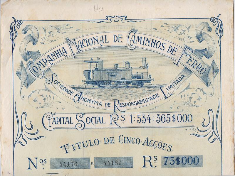 3715.jpg -     Lote:    3715      Lotes pelo Correio              Descrição:         Companhia Nacional de Caminhos de Ferro. Título de 5 acções, com dividendos pagos de 1905 a 1927.        DOC       Valor Base:     &euro; 40,00     Valor Venda:     &euro;      
