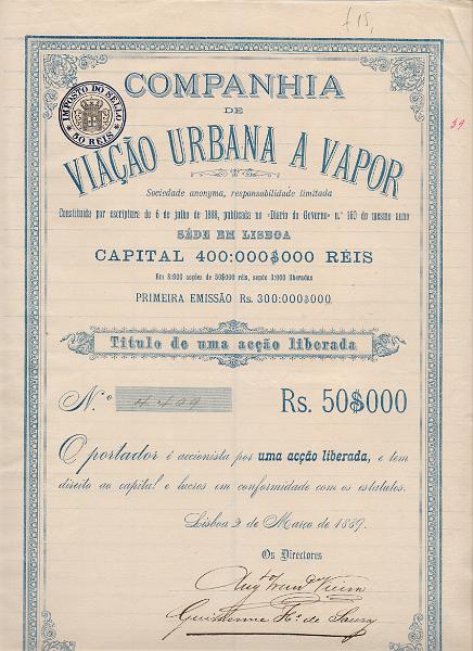 3716.jpg -     Lote:    3716      Lotes pelo Correio              Descrição:         Companhia de Viação Urbana a Vapor. Título de uma acção liberada. Lisboa, 2 de Março de 1889.        DOC       Valor Base:     &euro; 15,00     Valor Venda:     &euro;      