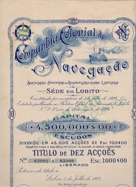 3720.jpg -     Lote:    3720      Lotes pelo Correio              Descrição:         Companhia Colonial de Navegação. Título de 10 acções. Lisboa, 3 de Julho de 1922.        DOC       Valor Base:     &euro; 12,00     Valor Venda:     &euro;      