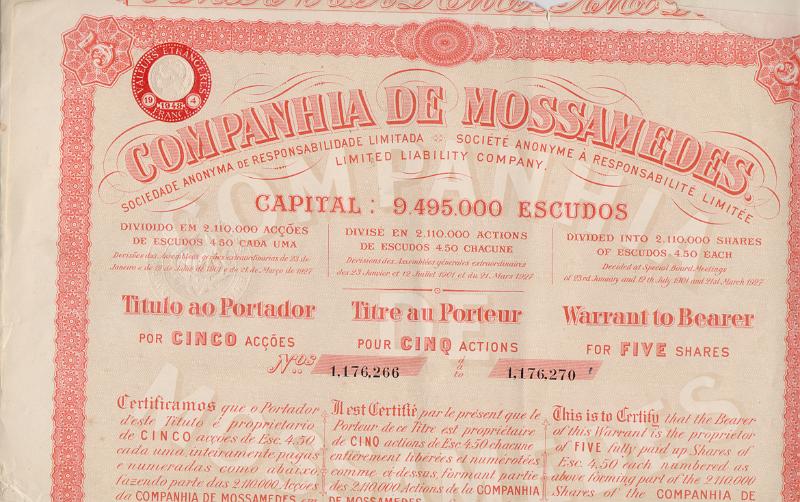3723.jpg -     Lote:    3723      Lotes pelo Correio              Descrição:         Companhia de Moçamedes. Título ao portador de 5 acções, com os cupons n.º 3 a 20.        DOC       Valor Base:     &euro; 15,00     Valor Venda:     &euro;      