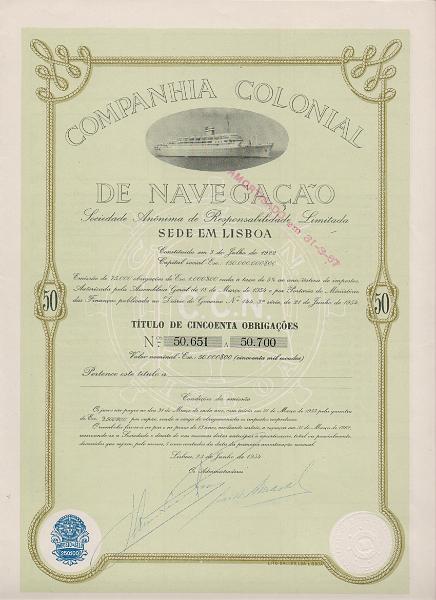 3726.jpg -     Lote:    3726      Lotes pelo Correio              Descrição:         Companhia Colonial de Navegação. Dois títulos de 1 e 50 obrigações de 1954.        DOC       Valor Base:     &euro; 10,00     Valor Venda:     &euro;      