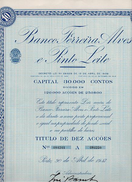 3731.jpg -     Lote:    3731      Lotes pelo Correio              Descrição:         B. Ferreira Alves & Pinto Leite. Título de 10 acções (azul) de 1947.        DOC       Valor Base:     &euro; 60,00     Valor Venda:     &euro;      