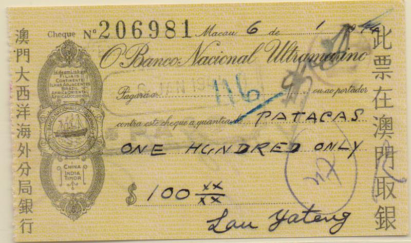 3737.jpg -     Lote:    3737      Lotes pelo Correio              Descrição:         Macau &mdash; Cheque do BNU, usado em 1944, dimensões reduzidas, Imposto de Selo por carimbo no reverso.        CHQ       Valor Base:     &euro; 10,00     Valor Venda:     &euro;      