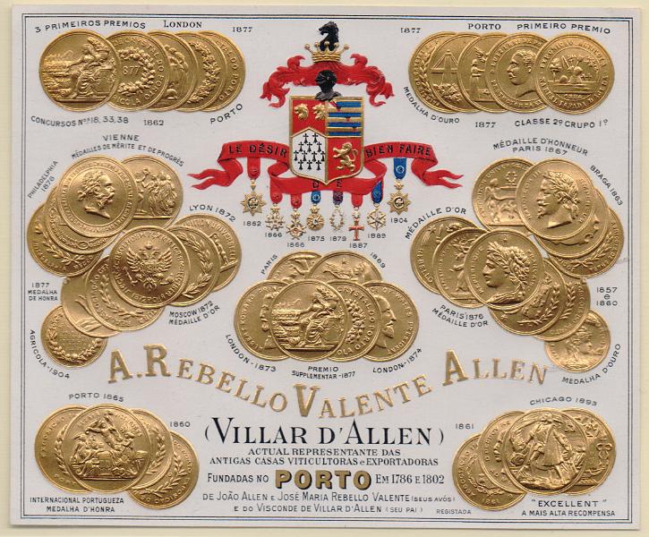 3787.jpg -     Lote:    3787      Lotes pelo Correio              Descrição:         Rótulo de vinhos da firma "A. Rebello Valente Allen" com dezenas de medalhas, brasão e condecorações em relevo, todas datadas do séc. XIX. Bonito e raro.        RTL       Valor Base:     &euro; 12,00     Valor Venda:     &euro;      