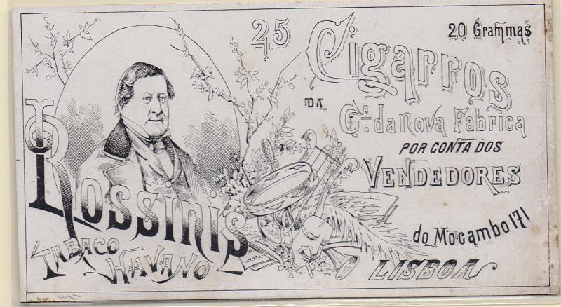3789.jpg -     Lote:    3789      Lotes pelo Correio              Descrição:         Temáticas "Tabaco", "Música" &mdash; Prova com excelente gravura para rótulo dos "Cigarros Rossini", proveniente da "Lithografia Guedes / Companhia Nacional Editora", incluindo busto de Rossini.        GRV       Valor Base:     &euro; 7,00     Valor Venda:     &euro;      