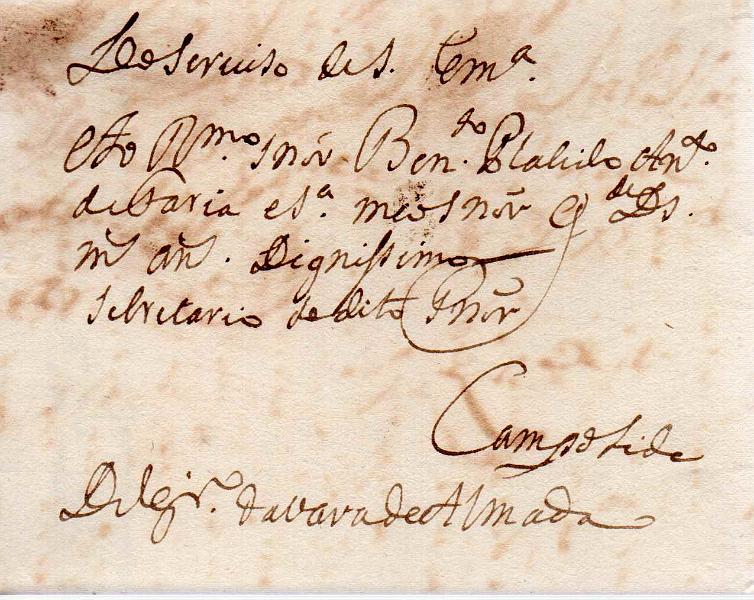 0083.jpg -     Lote:    83            Portugal        Descrição:         Correios-Mores * Almada  - Carta circulada de Almada (27.07.1736) para Campolide em Lisboa.        Carta       Valor Base:     &euro; 30,00     Valor Venda:     Retirado     