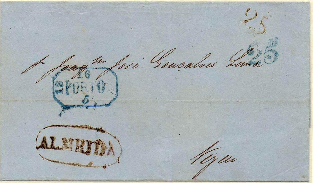 0091.jpg -     Lote:    91            Portugal        Descrição:         Almeida &mdash; A sépia, GM ALD2 em capa de carta do Porto (15.05.52) para Viseu, com o porte de 25 reis batido a azul e posterior passagem por Almeida com o porte de 25 reis batido a sépia.        Carta       Valor Base:     &euro; 25,00     Valor Venda:     &euro; 75,00     
