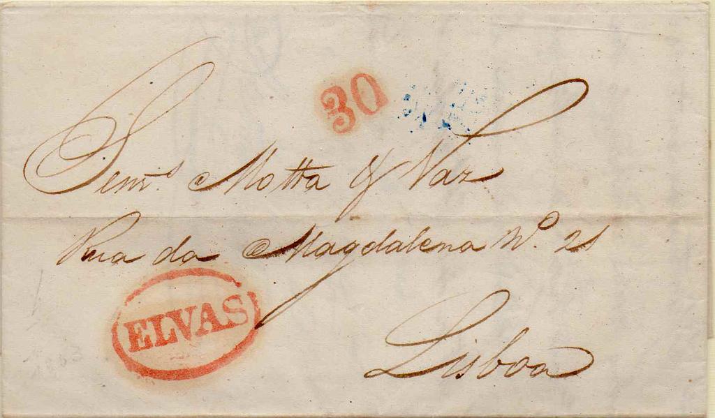 0108.jpg -     Lote:    108            Portugal        Descrição:         Elvas &mdash; A vermelho, GM ELV8 em carta datada de Elvas (04.03.53) para Lisboa, com o porte de 30 reis batido a vermelho.        Carta       Valor Base:     &euro; 15,00     Valor Venda:     &euro; 48,00     