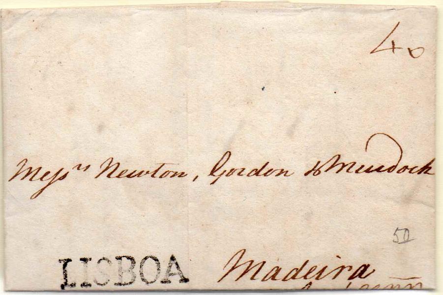 0114.jpg -     Lote:    114            Portugal        Descrição:         Lisboa &mdash; A preto, GM LSB1 em carta remetida de Mogadoro (06.10.1798) para a Madeira, com trânsito por Lisboa, com o porte de 40 reis manuscrito a sépia.        Carta       Valor Base:     &euro; 150,00     Valor Venda:     Retirado     