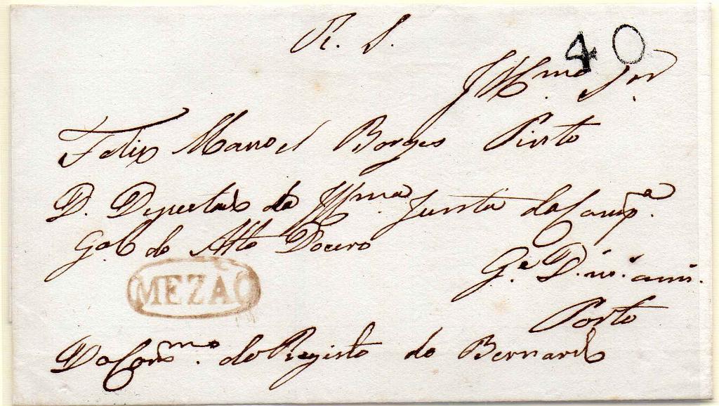 0128.jpg -     Lote:    128            Portugal        Descrição:         Mesão &mdash; A sépia, GM MAF2 em capa de carta não datada, para o Porto. Inicialmente isenta do porte foi porteada em 40 reis batido a preto.        Carta       Valor Base:     &euro; 10,00     Valor Venda:     Retirado     