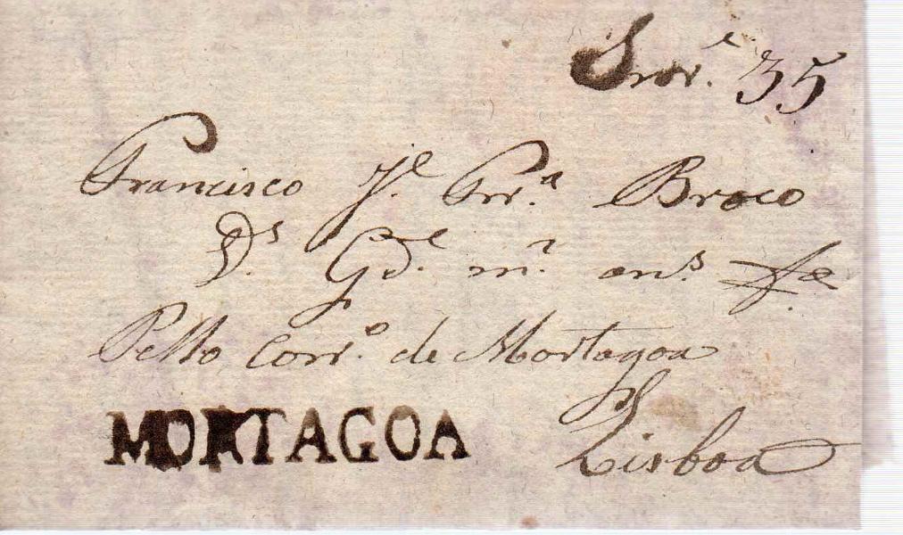 0134.jpg -     Lote:    134            Portugal        Descrição:         Mortágua &mdash; A sépia, GM MRT1 (tipo I) em carta datada de Monte de Lobos (10.04.34) para Lisboa, com o porte de 35 reis manuscrito a sépia..        Carta       Valor Base:     &euro; 60,00     Valor Venda:     &euro; 60,00     