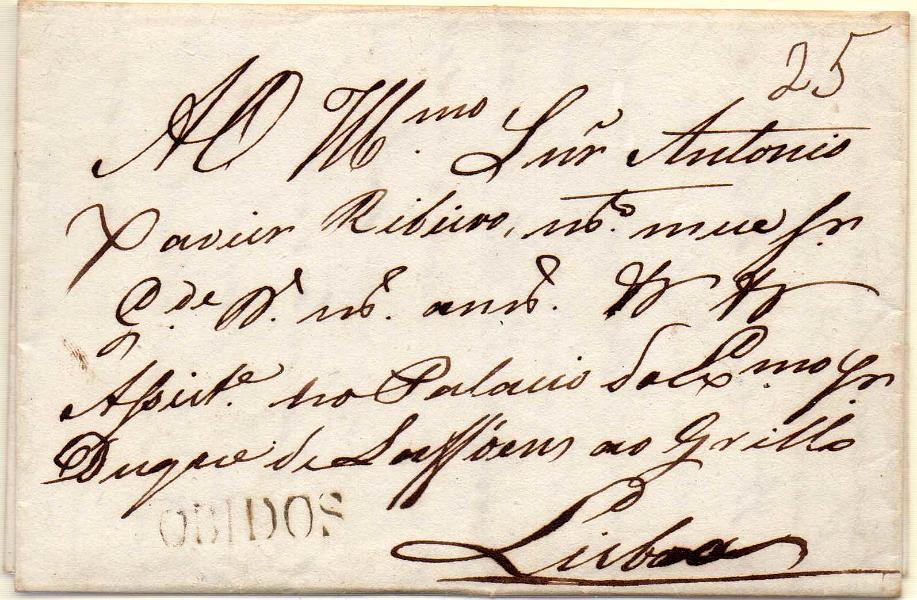 0137.jpg -     Lote:    137            Portugal        Descrição:         Obidos &mdash; A sépia, GM OBD1 em carta datada de Óbidos (06.03.27) para Lisboa, com o porte de 25 reis manuscrito a sépia.        Carta       Valor Base:     &euro; 25,00     Valor Venda:     &euro; 25,00     