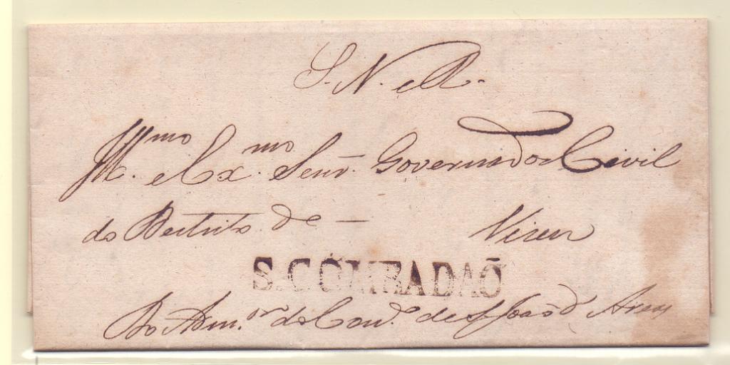0150.jpg -     Lote:    150            Portugal        Descrição:         Santa Comba Dão &mdash; A sépia, GM SCD1 em carta datada de S. João de Areias (28.01.44) para Viseu, isenta de porte. B.        Carta       Valor Base:     &euro; 40,00     Valor Venda:     Retirado     