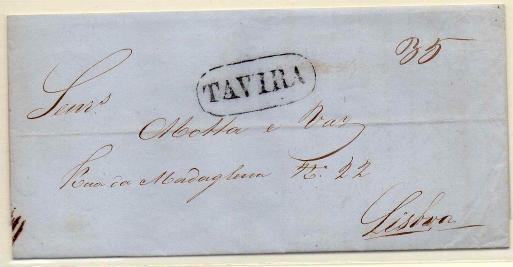 0154.jpg -     Lote:    154            Portugal        Descrição:         Tavira &mdash; A preto, GM TVR4, em carta datada de Tavira (06.12.51) para Lisboa, com o porte de 35 reis manuscrito a sépia. MB        Carta       Valor Base:     &euro; 25,00     Valor Venda:     &euro; 38,00     