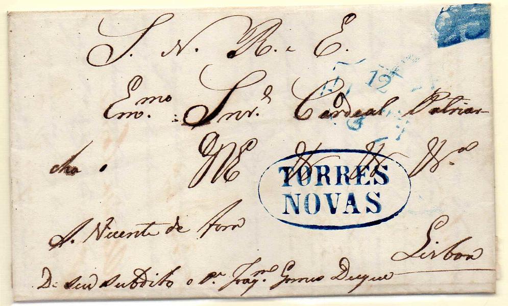 0159.jpg -     Lote:    159            Portugal        Descrição:         Torres Novas &mdash; A azul, GM TNV4, em carta datada de Carvalhal (08.03.51) para Lisboa, com o porte de 25 reis batido a azul.        Carta       Valor Base:     &euro; 15,00     Valor Venda:     &euro; 15,00     