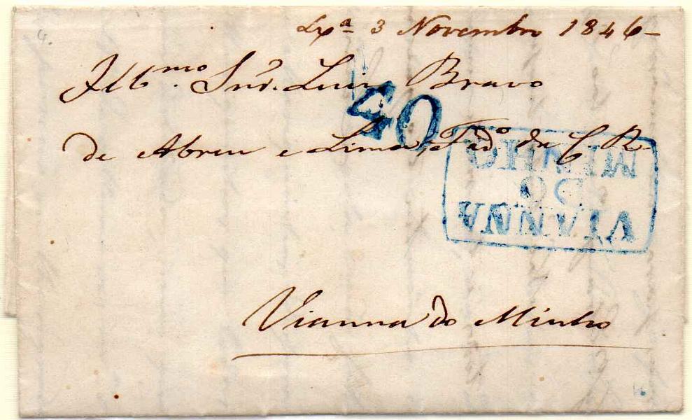 0163.jpg -     Lote:    163            Portugal        Descrição:         Vianna do Minho &mdash; A azul, GM VCT9 (tamanho da cercadura reduzido) em carta datada de Paris (22.10.46) para Viana do Minho, com o porte de 40 reis batido a azul. Carta remetida provavelmente em mão com trânsito por Lisboa (03.11.46), tendo levado no destino a marca do correio e porteada em 40 reis. R e MB.        Carta       Valor Base:     &euro; 20,00     Valor Venda:     Retirado     