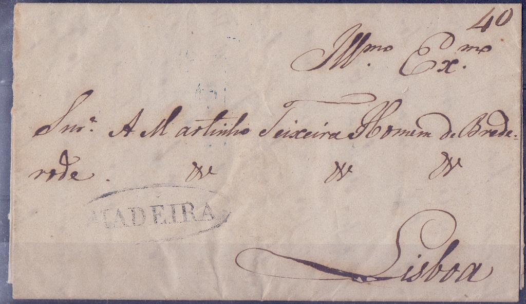 0172.jpg -     Lote:    172            Madeira       Descrição:         Madeira &mdash; A preto, GM FUN3, em carta circulada da Madeira para Lisboa (01.12.38) com o porte de 40 reis manuscrito a sépia.        Carta       Valor Base:     &euro; 25,00     Valor Venda:     Retirado     