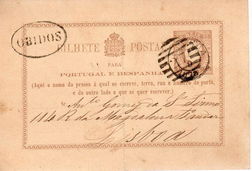 0177.jpg -     Lote:    177            Portugal       Descrição:         1878/79 &mdash;D. Luís I. Impressão em relevo. OM1, 15 reis. Circulado de Óbidos (30.08.1878) para Lisboa. Carimbos batidos a preto "ÓBIDOS" e numérico 2.ª reforma "27".        IC       Valor Base:     &euro; 20,00     Valor Venda:     &euro; 42,00     