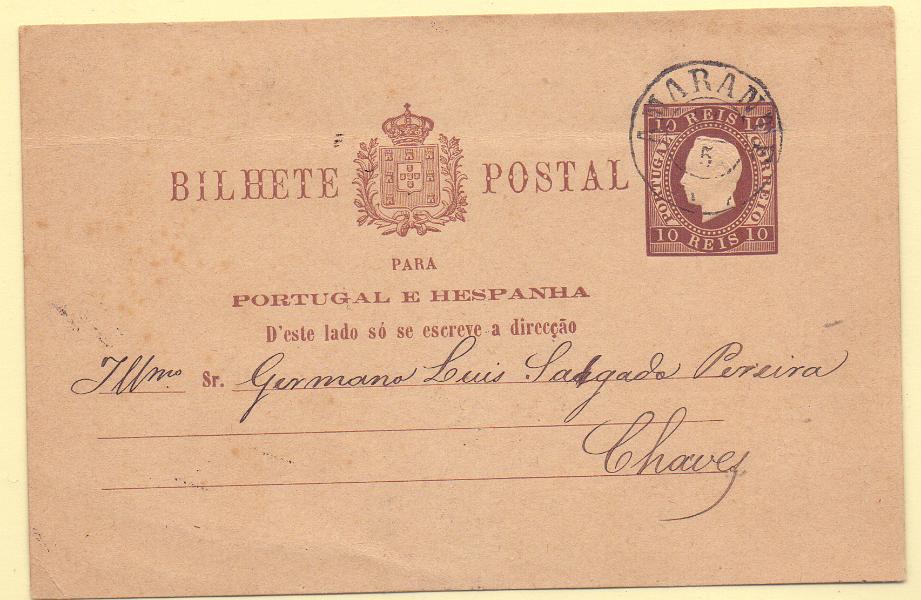 0179.jpg -     Lote:    179            Portugal       Descrição:         1880/81 &mdash; D. Luís I. Impressão em relevo. OM7, 10 reis circulado de Amarante (26.05.84) para Chaves. Carimbo circular datado pequeno, batido a preto "AMARANTE".        IC       Valor Base:     &euro; 10,00     Valor Venda:     Retirado     