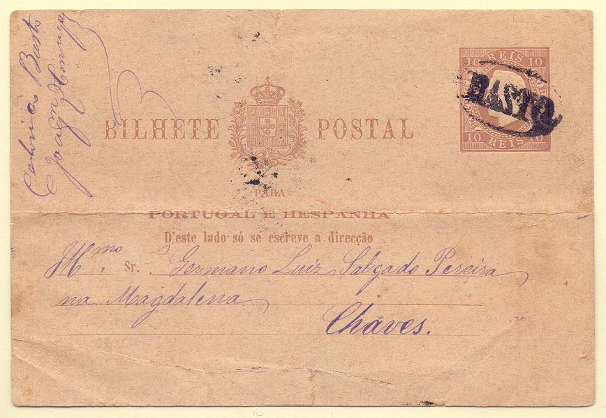 0180.jpg -     Lote:    180            Portugal       Descrição:         1880/81 &mdash; D. Luís I. Impressão em relevo. OM7, 10 reis circulado de Celorico de Basto (11.10.81) para Chaves. Carimbo nominativo batido a preto "BASTO". Dobra horizontal.        IC       Valor Base:     &euro; 20,00     Valor Venda:     &euro; 20,00     
