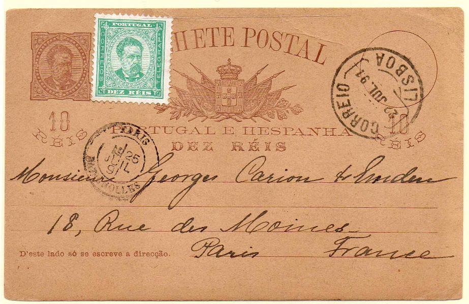 0185.jpg -     Lote:    185            Portugal       Descrição:         1884/87 &mdash; D. Luís I, de frente. OM9, 10 reis. Circulado de Lisboa (27.07.97) para Paris (25.07.91) com selo adicional de 10 reis CE51, não obliterado.        IC       Valor Base:     &euro; 10,00     Valor Venda:     Retirado     