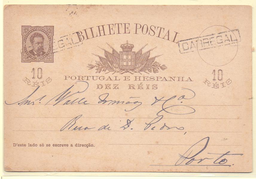 0186.jpg -     Lote:    186            Portugal       Descrição:         1884/87 &mdash; D. Luís I, de frente. OM9, 10 reis. Circulado do Carregal (16.08.84) para o Porto. Carimbo nominativo batido a preto "CARREGAL".        IC       Valor Base:     &euro; 30,00     Valor Venda:     Retirado     