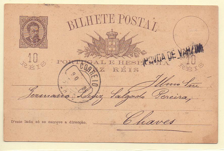 0187.jpg -     Lote:    187            Portugal       Descrição:         1884/87 &mdash; D. Luís I, de frente. OM9, 10 reis circulado da Póvoa de Varzim para Chaves, com trânsito pelo Porto (09.10.85). Carimbo nominativo batido a preto "POVOA DE VARZIM". Dobra horizontal.        IC       Valor Base:     &euro; 15,00     Valor Venda:     Retirado     
