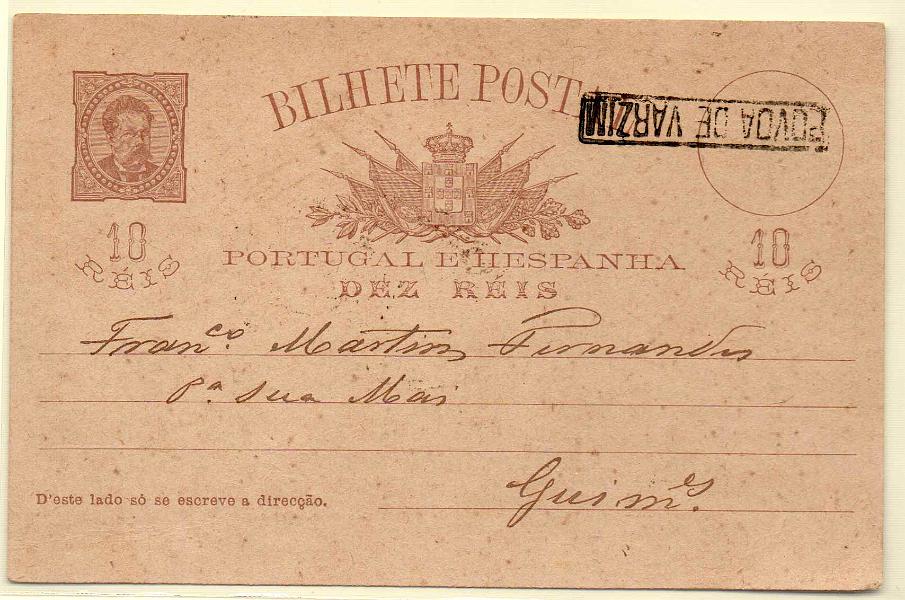 0188.jpg -     Lote:    188            Portugal       Descrição:         1884/87 &mdash; D. Luís de frente. OM9, 10 reis castanho em papel camurça, circulado da Póvoa de Varzim para Guimarães (02.10.88). Carimbo nominativo linear batido a preto de "PÓVOA DE VARZIM". MB.        IC       Valor Base:     &euro; 20,00     Valor Venda:     Retirado     