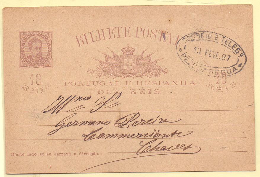 0189.jpg -     Lote:    189            Portugal       Descrição:         1884/87 &mdash; D. Luís I, de frente. OM9, 10 reis. Circulado da Régua (10.02.87) para Chaves. Carimbo batido a preto "CORREIO E TELEG.º / PEZO DA REGUA".        IC       Valor Base:     &euro; 15,00     Valor Venda:     Retirado     