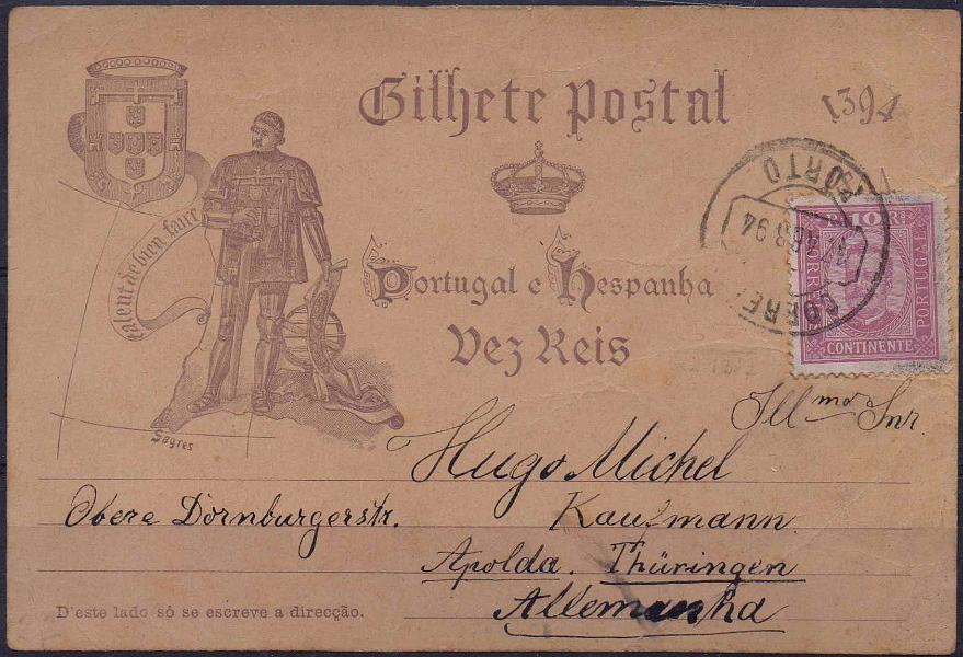 0194.jpg -     Lote:    194            Portugal       Descrição:         1894 &mdash; V Centenário do nascimento do Infante D. Henrique. OM20, 10 reis. Circulado do Porto (17.04.94) para a Alemanha, com selos adicional CE69, 10 reis, papel porcelana, denteado 13 &frac12;.        IC       Valor Base:     &euro; 15,00     Valor Venda:     Retirado     